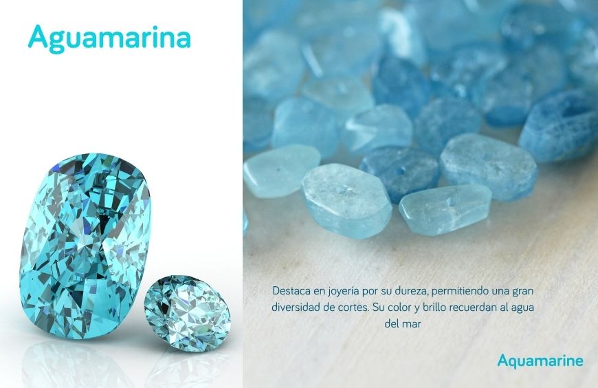 Collage de dos paneles sobre fondo blanco para la guía de piedras de nacimiento de Joyería Marga Mira. El panel izquierdo muestra dos gemas de aguamarina facetadas, una grande ovalada y otra más pequeña redonda, con un intenso brillo azul cian y el texto superpuesto "Aguamarina". El panel derecho exhibe un conjunto de cristales de aguamarina en bruto, sin tallar, sobre una superficie de madera clara. Debajo de los cristales en bruto, se incluye el texto explicativo en español: "Destaca en joyería por su dureza, permitiendo una gran diversidad de cortes. Su color y brillo recuerdan al agua del mar." En la esquina inferior derecha, se lee "Aquamarine"